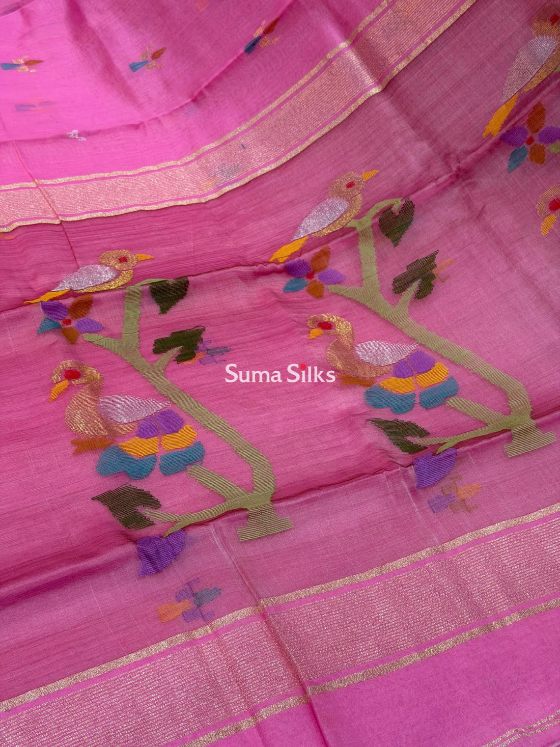 Muslin Jamdani Peacock Tree Baby Pink Zari