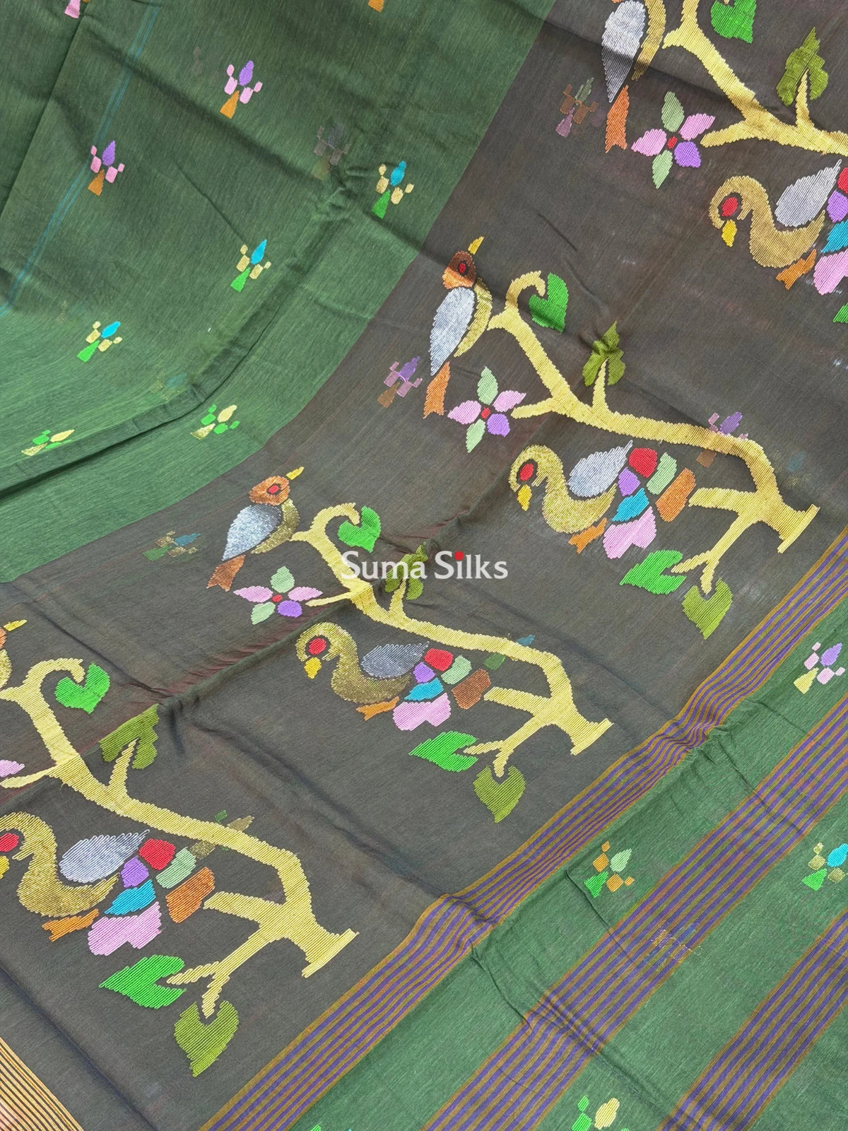 Muslin Jamdani Peacock Tree Bottle Green