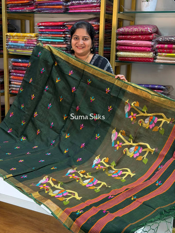 Muslin Jamdani Peacock Tree Bottle Green Multi Butti