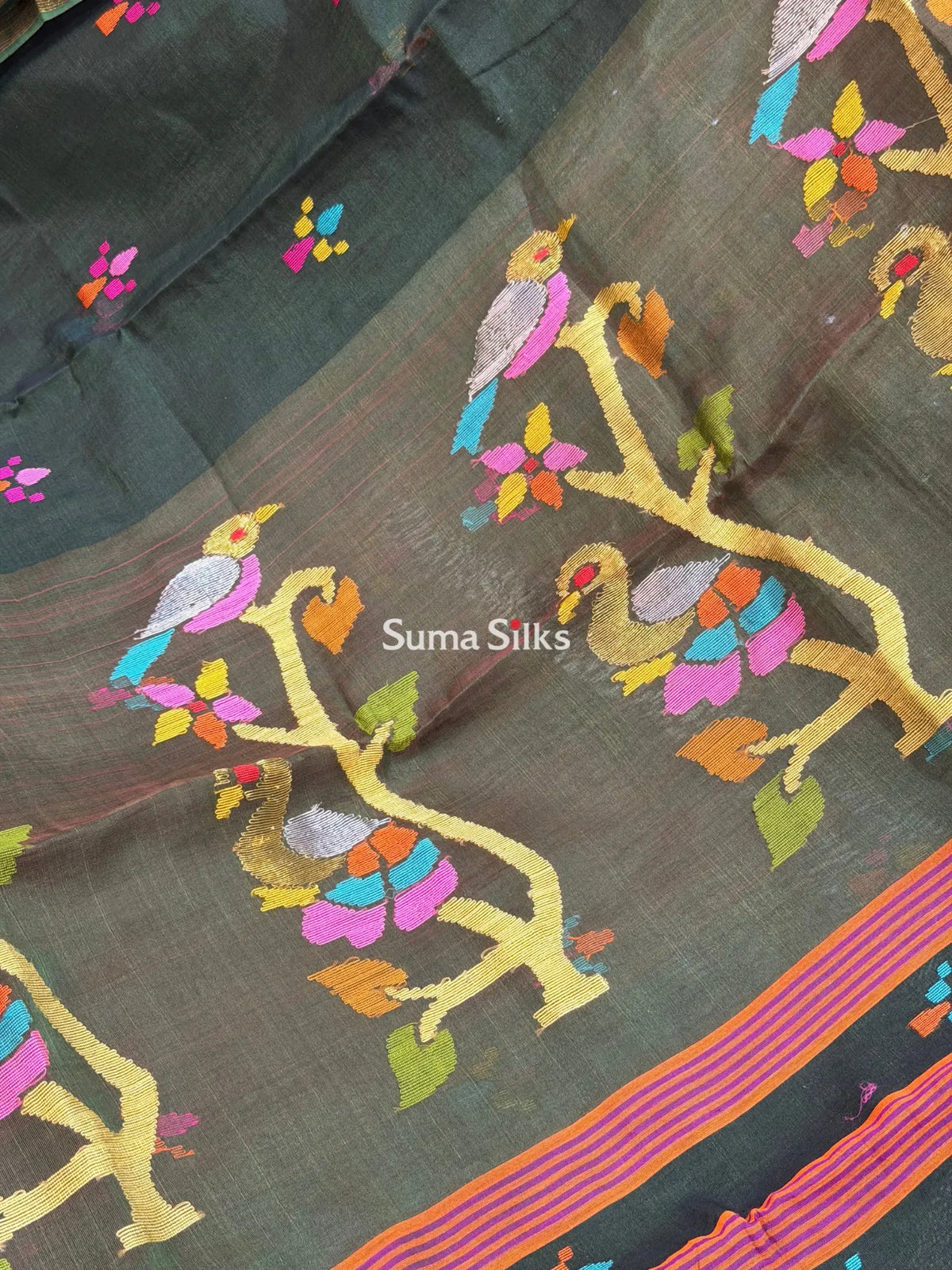 Muslin Jamdani Peacock Tree Bottle Green Multi Butti