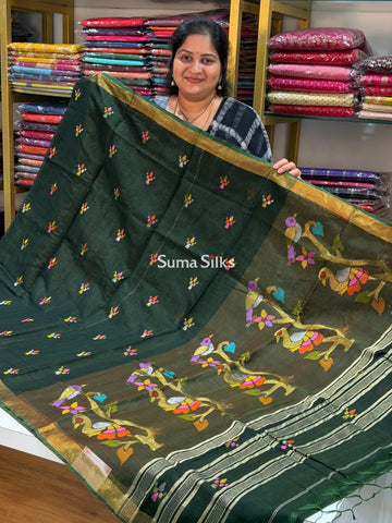 Muslin Jamdani Peacock Tree Bottle Green Zari Butti