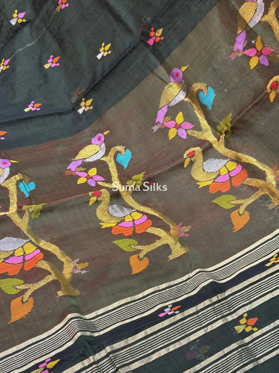 Muslin Jamdani Peacock Tree Bottle Green Zari Butti