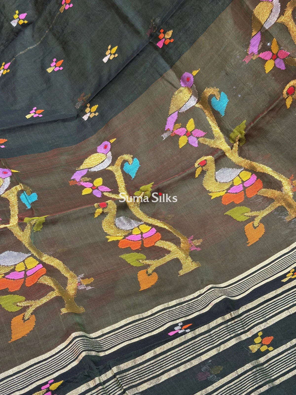 Muslin Jamdani Peacock Tree Bottle Green Zari Butti