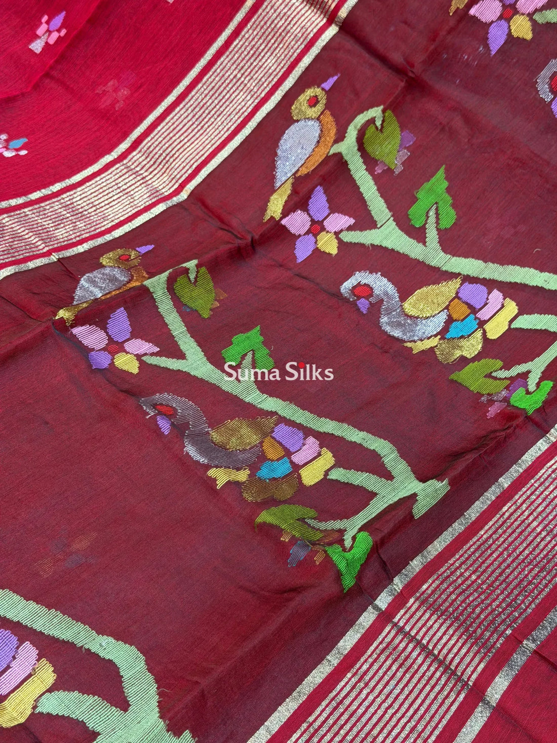 Muslin Jamdani Peacock Tree Maroon
