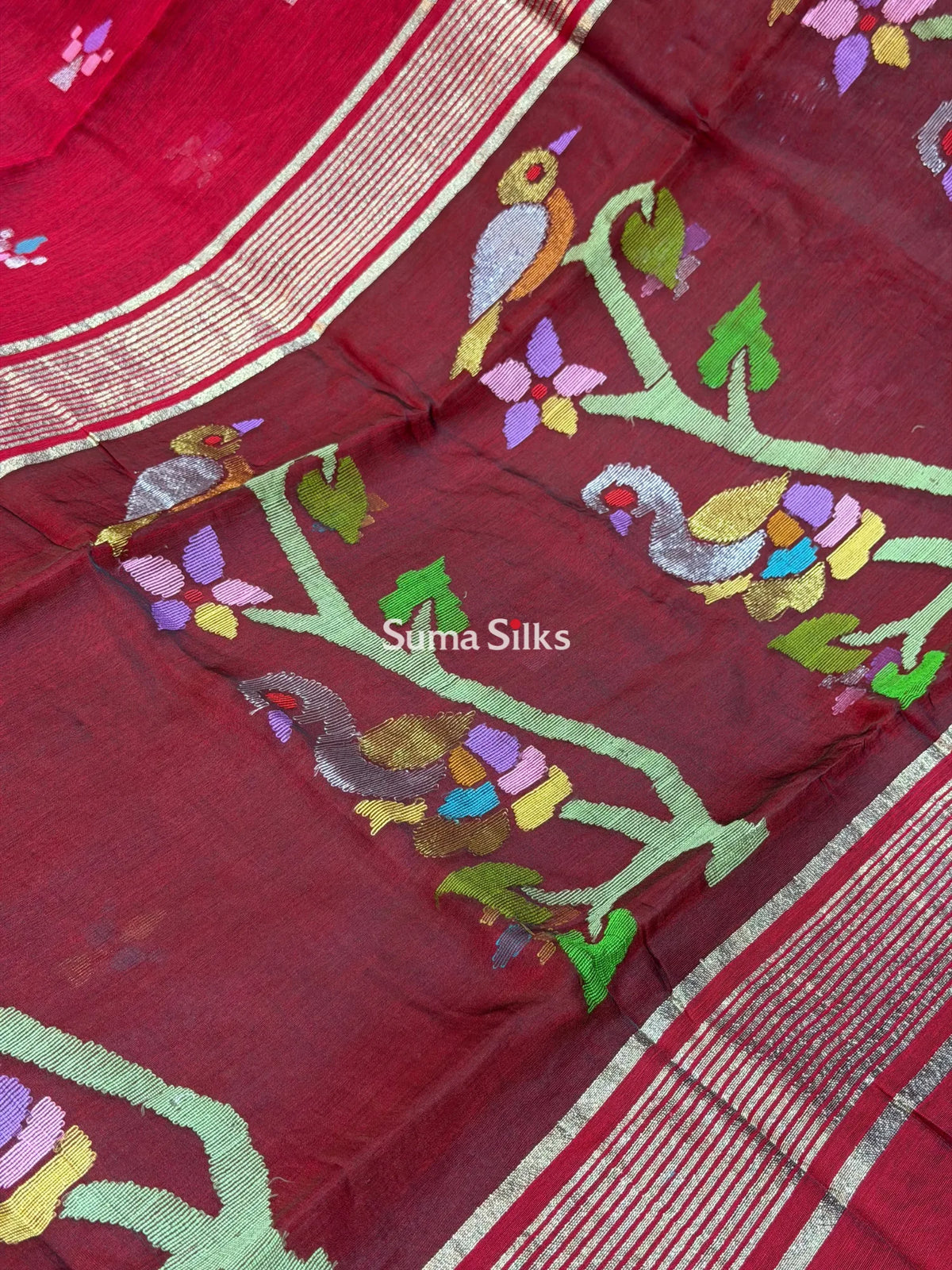 Muslin Jamdani Peacock Tree Maroon