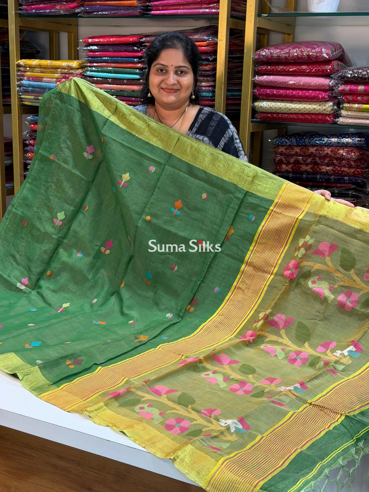 Muslin Jamdani Rabbit Tree Bird Mehandi Green