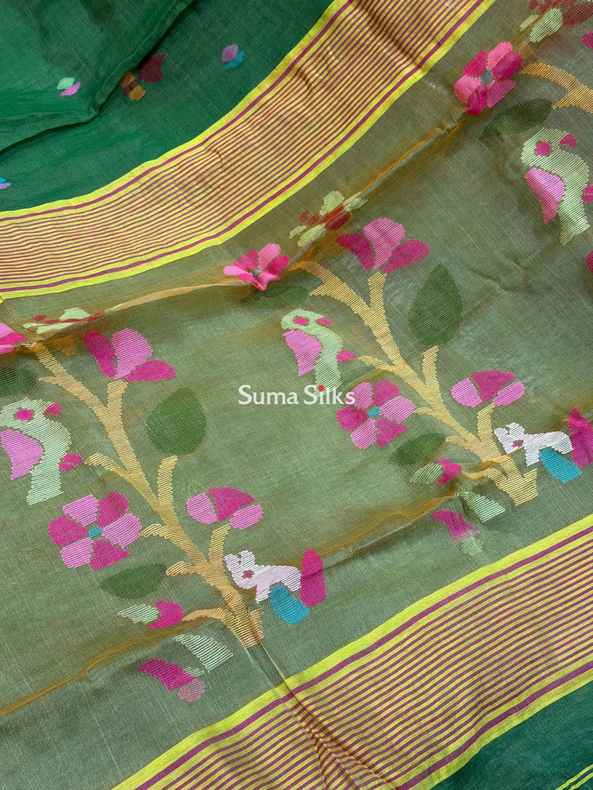 Muslin Jamdani Rabbit Tree Bird Mehandi Green