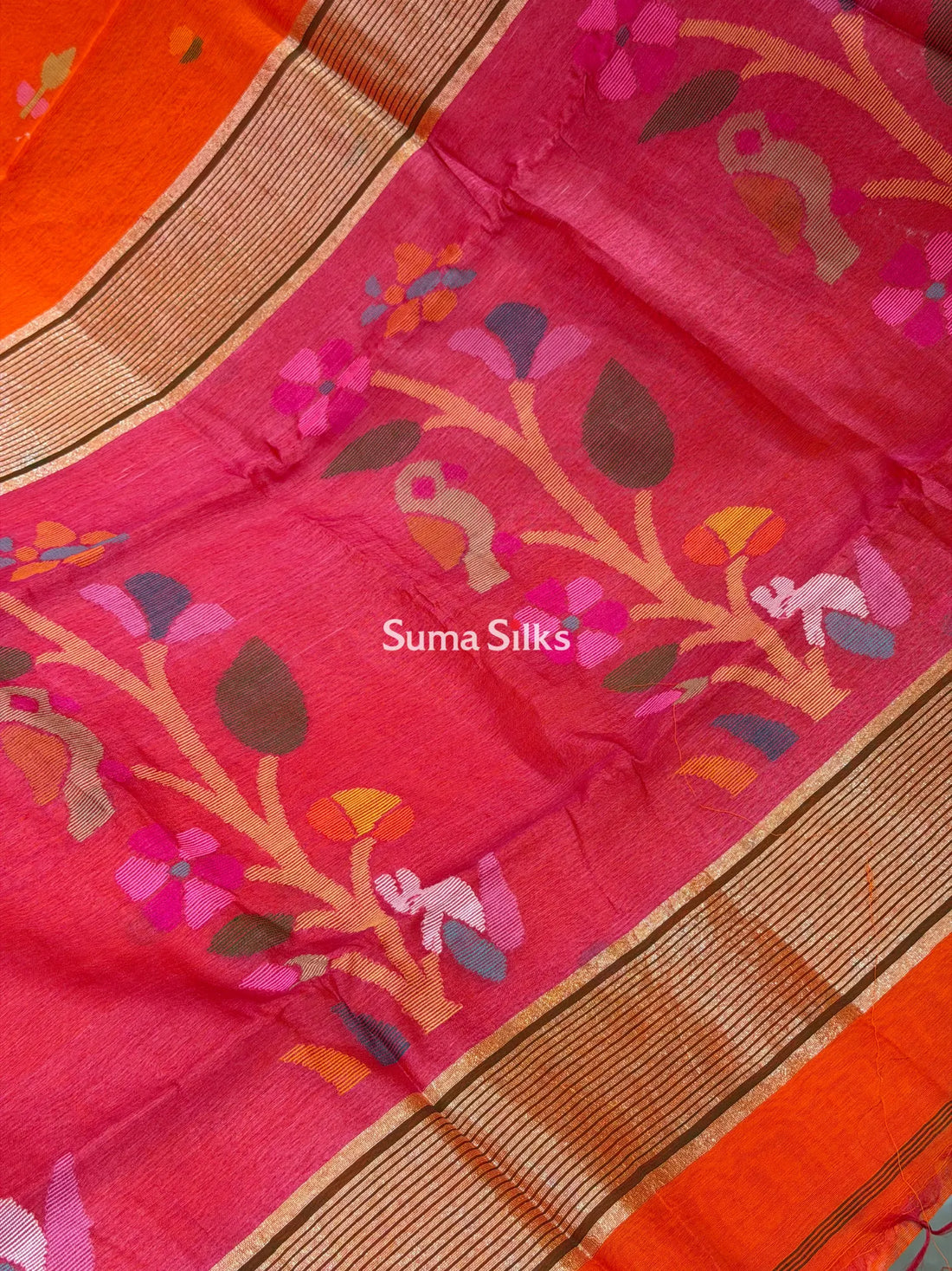Muslin Jamdani Rabbit Tree Bird Orange Pink Pallu
