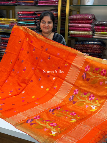 Muslin Jamdani Rabbit Tree Bird Orange