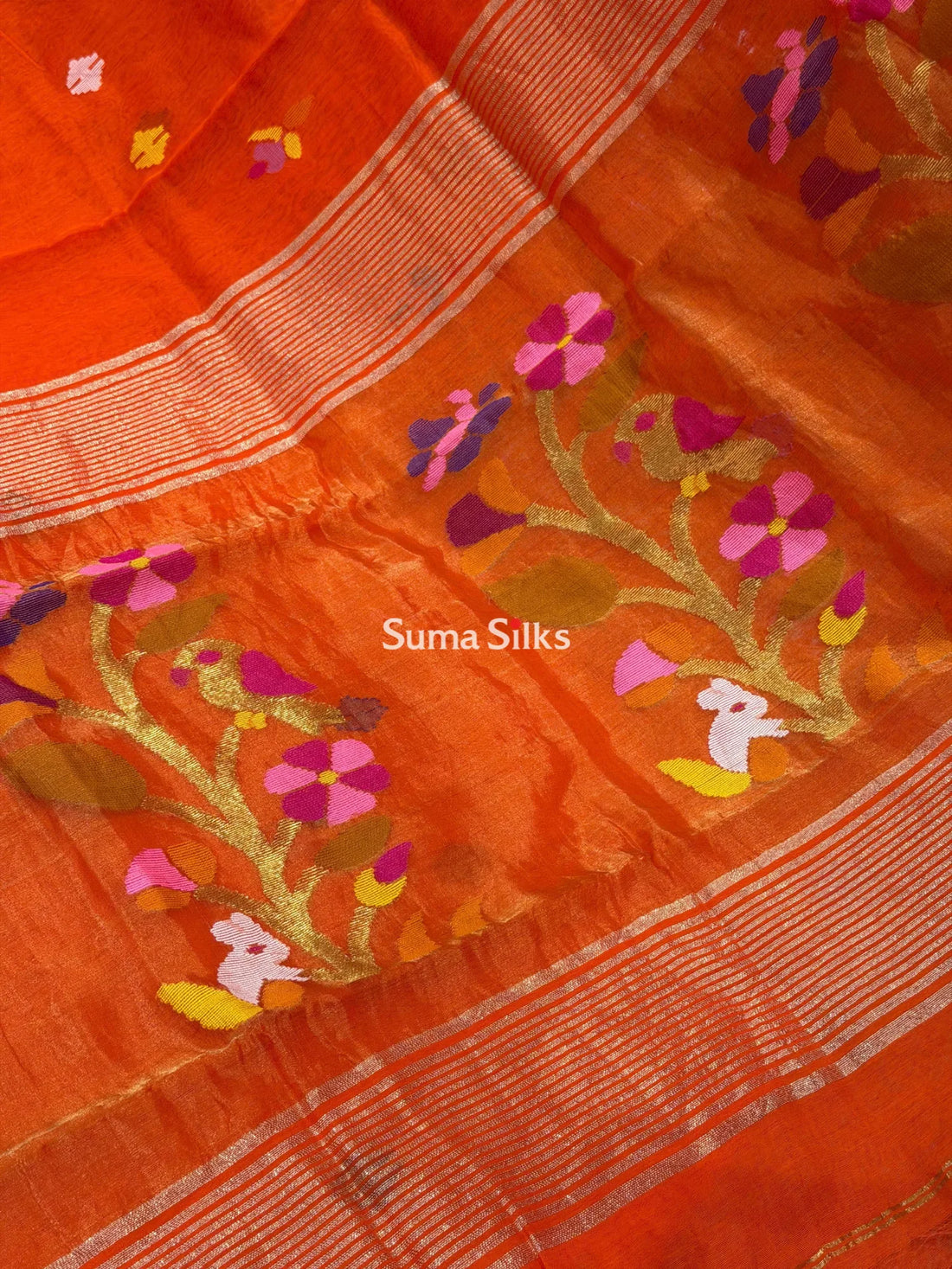 Muslin Jamdani Rabbit Tree Bird Orange