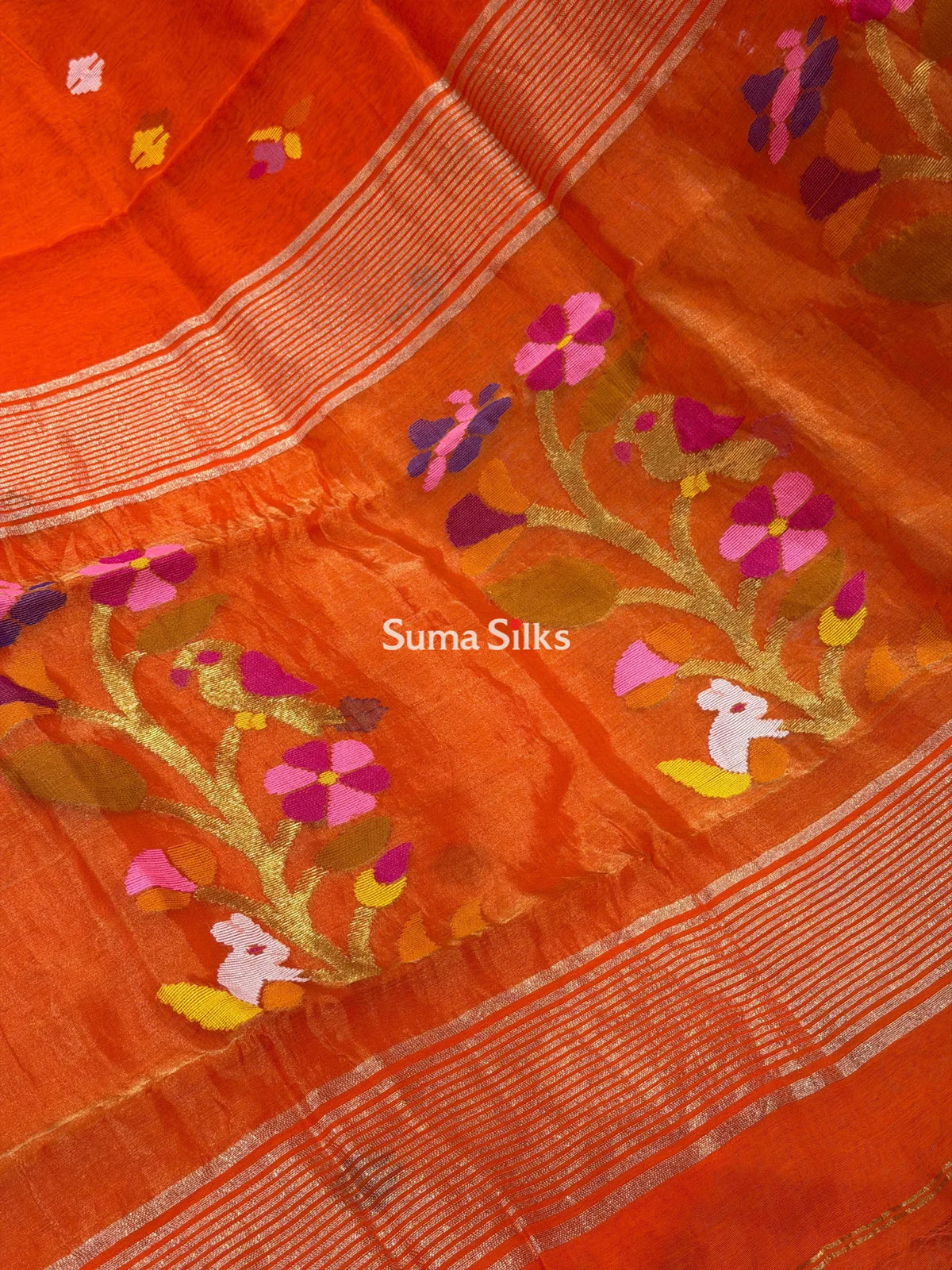 Muslin Jamdani Rabbit Tree Bird Orange
