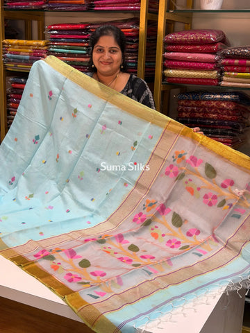 Muslin Jamdani Rabbit Tree Bird Sky Blue