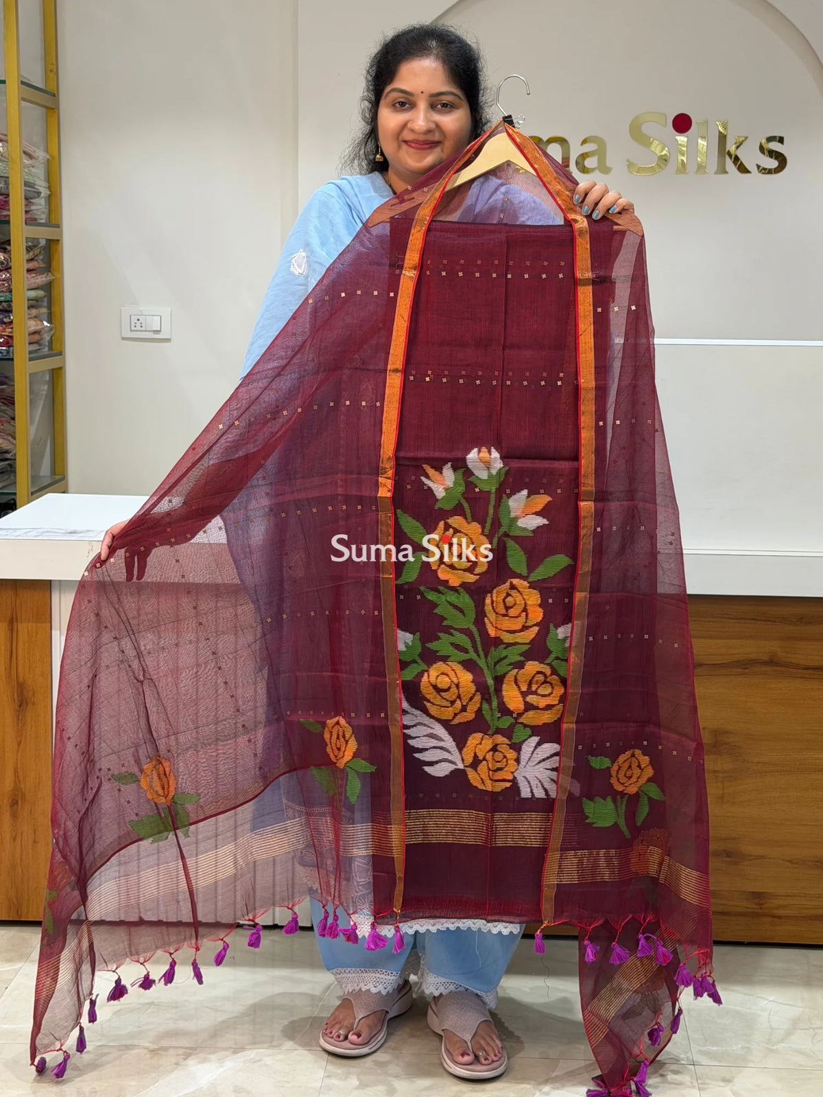Muslin Jamdani Rose Flower Design Sequence Work Allover Brown Color