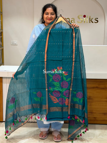Muslin Jamdani Rose Flower Design Sequence Work Allover Peacock Green Color