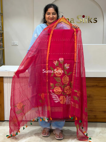 Muslin Jamdani Rose Flower Design Sequence Work Allover Reddish Pink Color