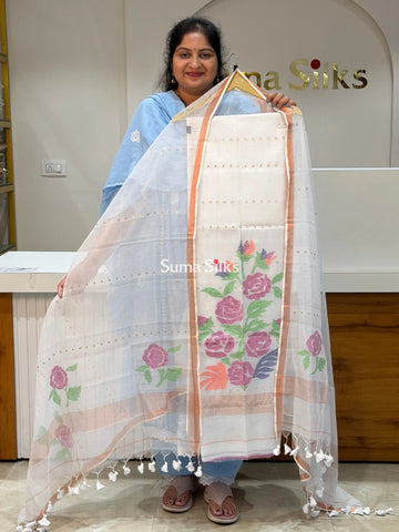 Muslin Jamdani Rose Flower Design Sequence Work Allover White Color