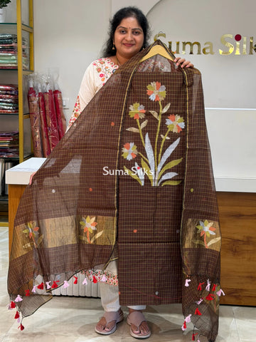 Muslin Jamdani Small Checks Flower Design Brown Color