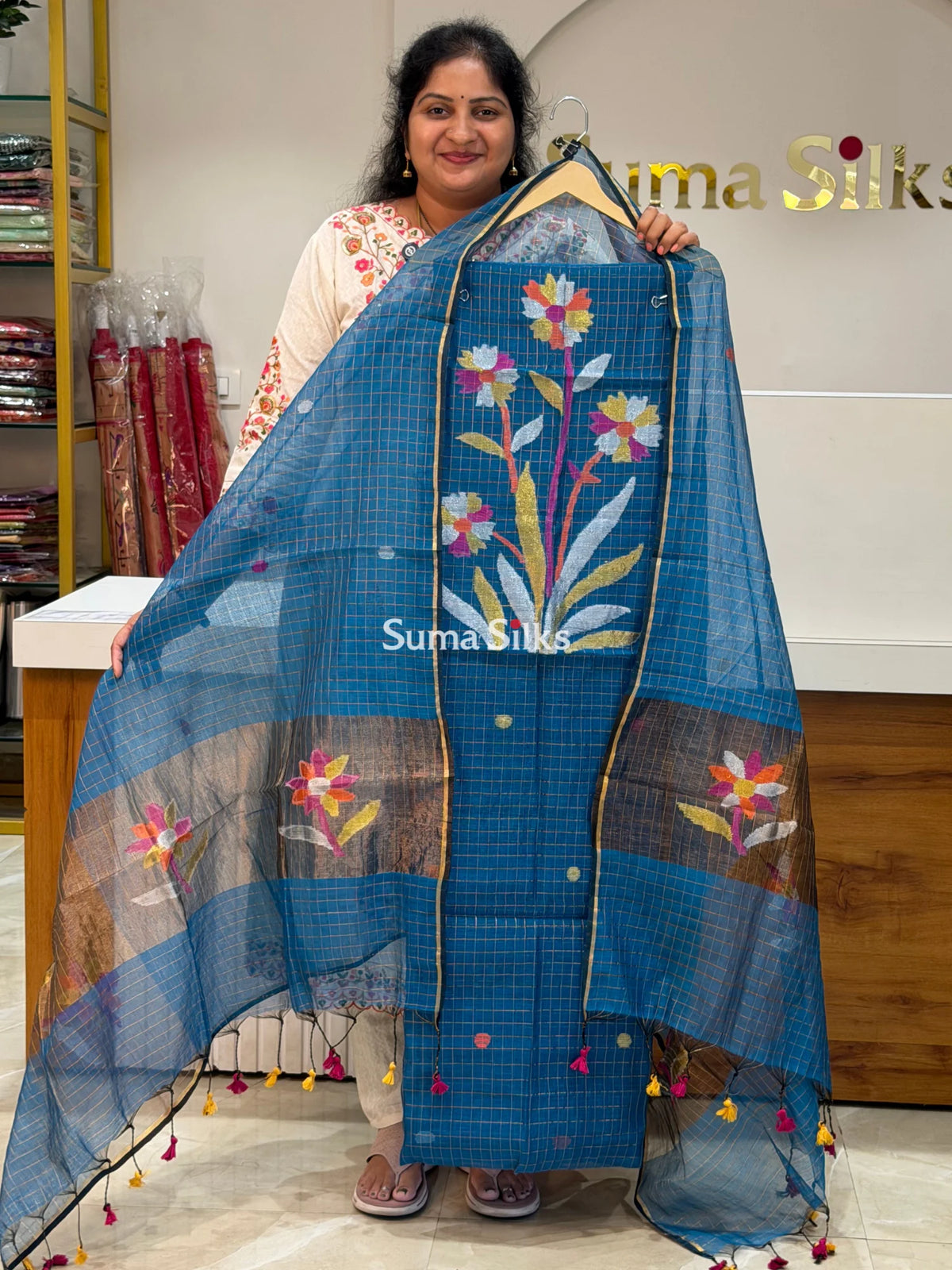 Muslin Jamdani Small Checks Flower Design Peacock Blue Color