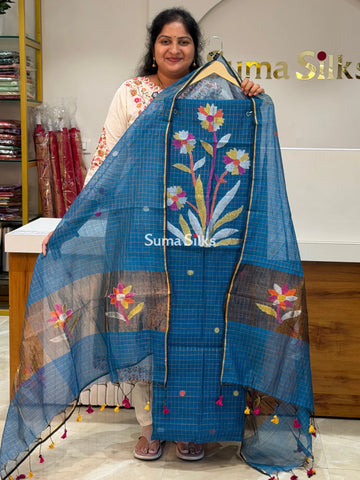 Muslin Jamdani Small Checks Flower Design Peacock Blue Color