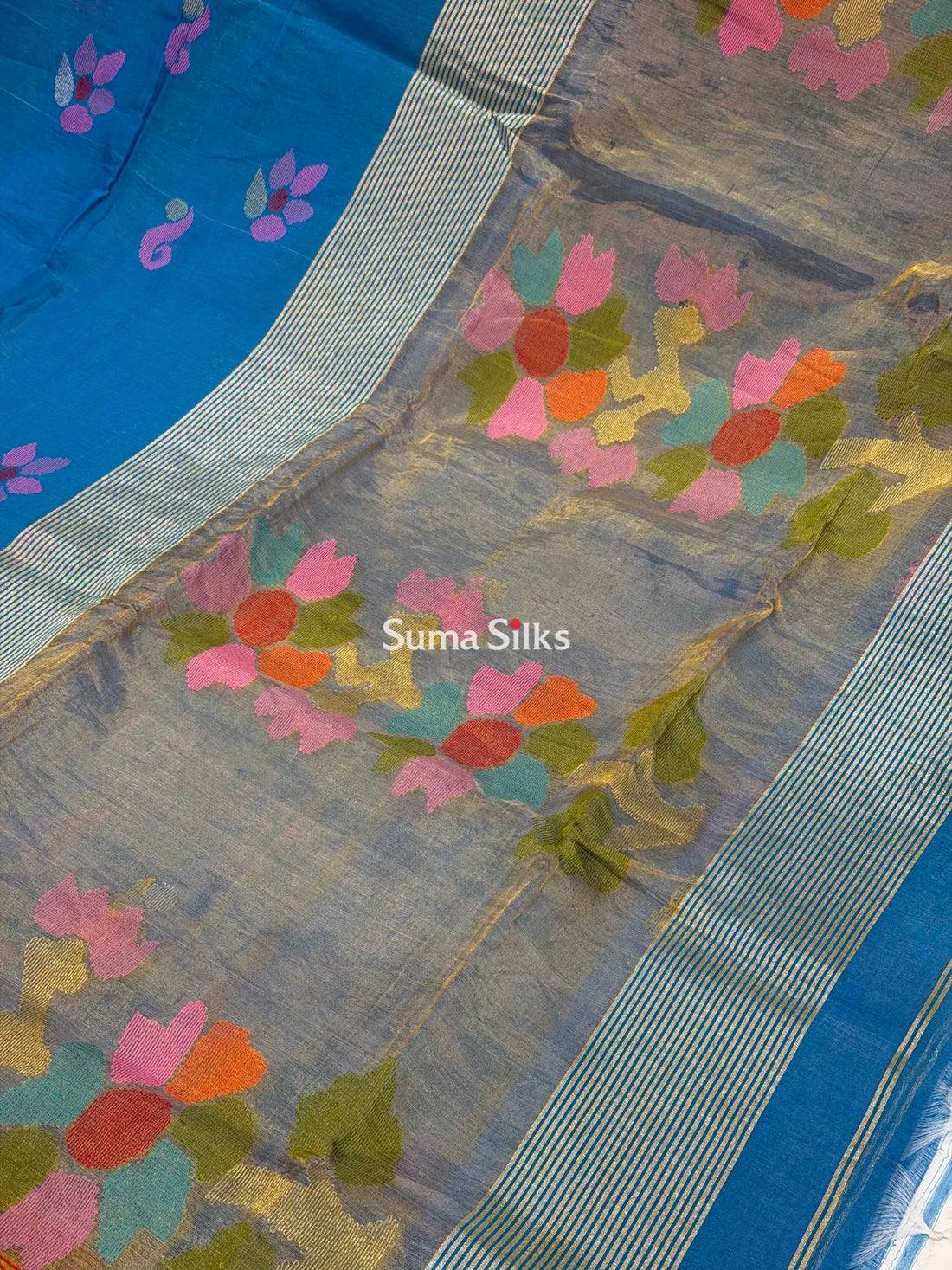 Muslin Jamdani Sun Flower Design Blue