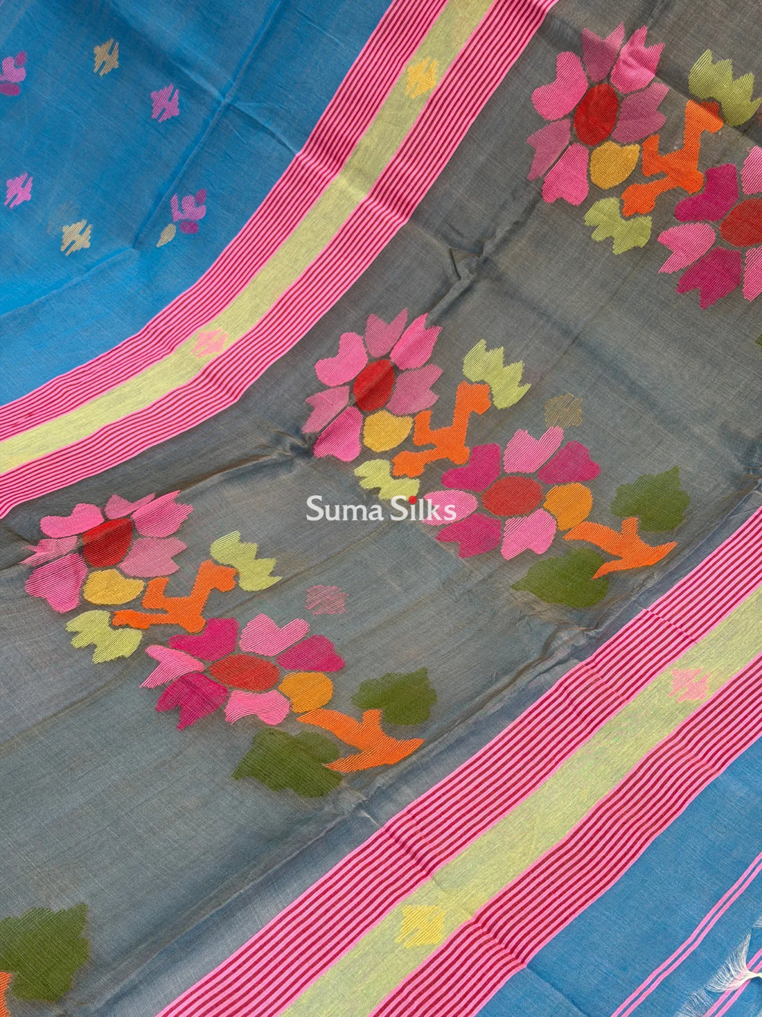Muslin Jamdani Sun Flower Design Blue