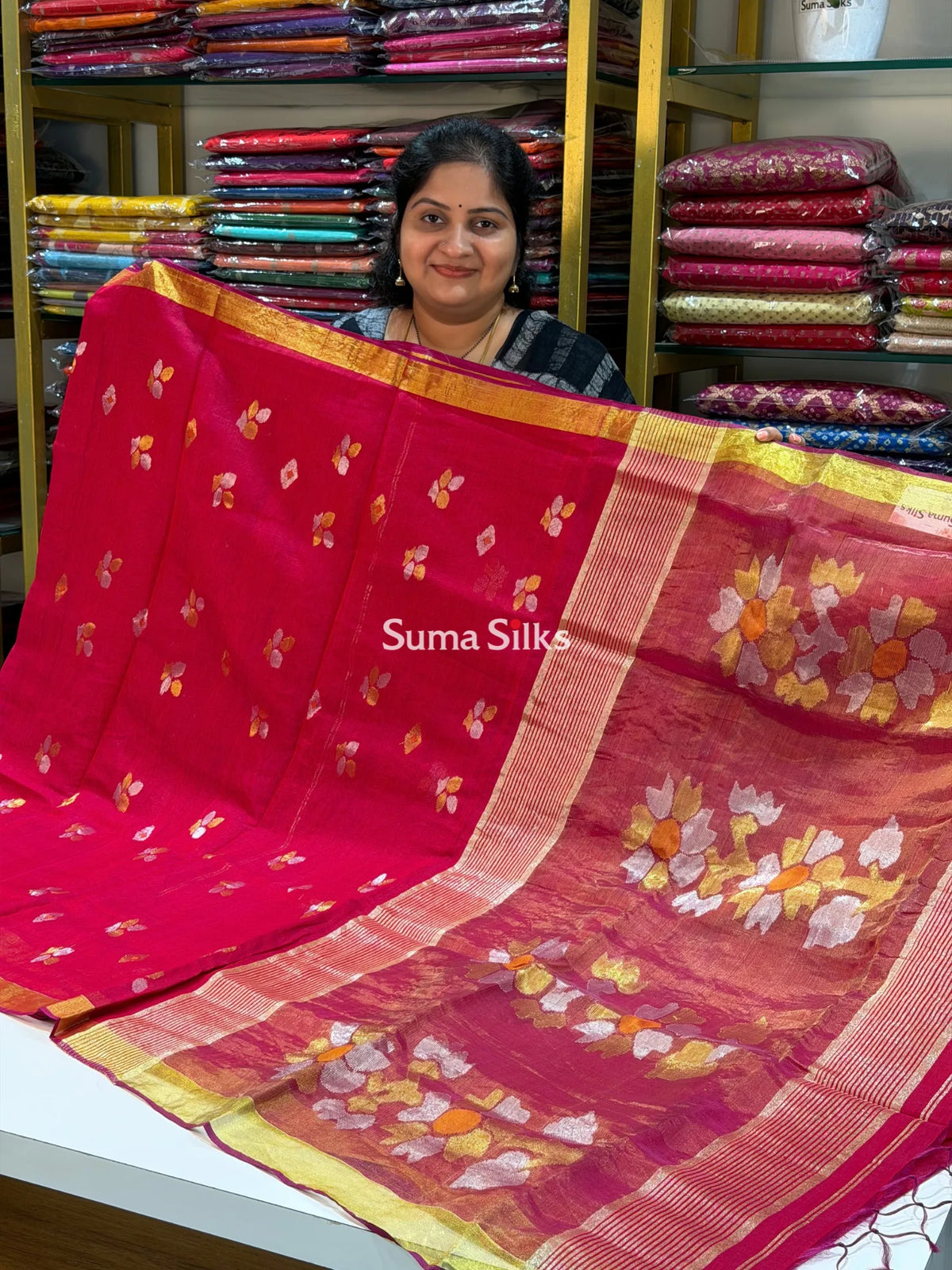 Muslin Jamdani Sun Flower Reddish Pink with Pink Butti