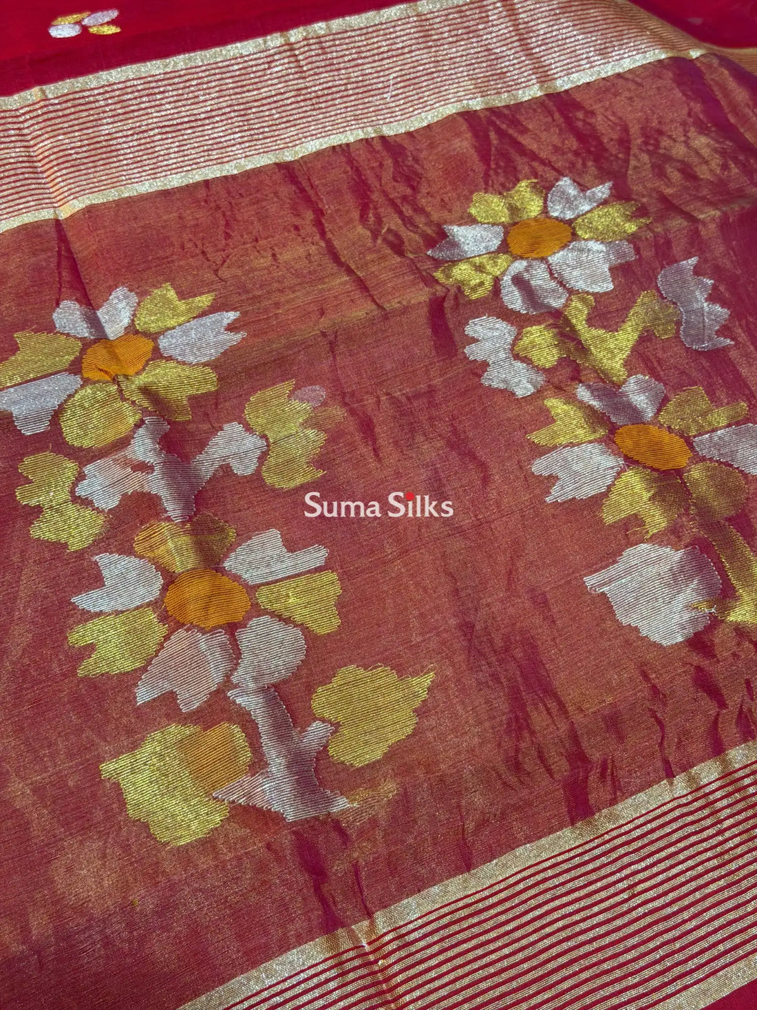 Muslin Jamdani Sun Flower Reddish Pink with Pink Butti
