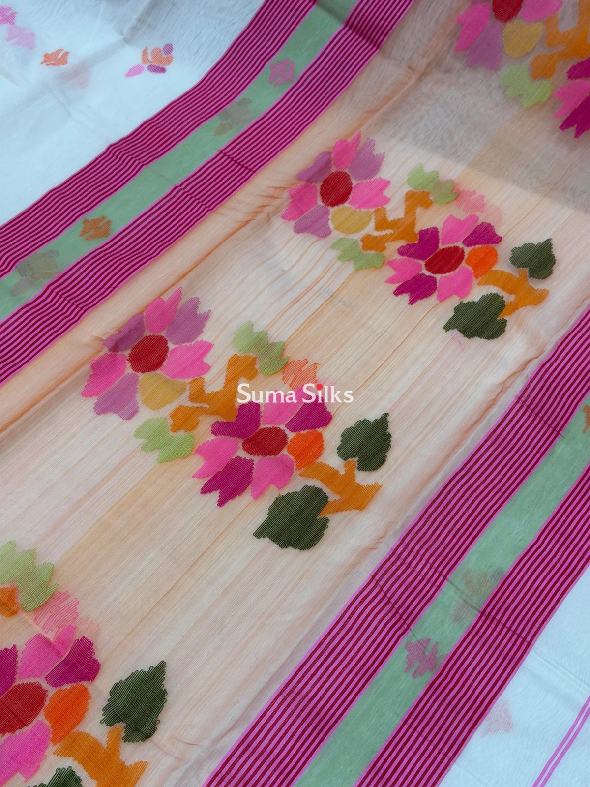 Muslin Jamdani Sun Flower White Orange Butti