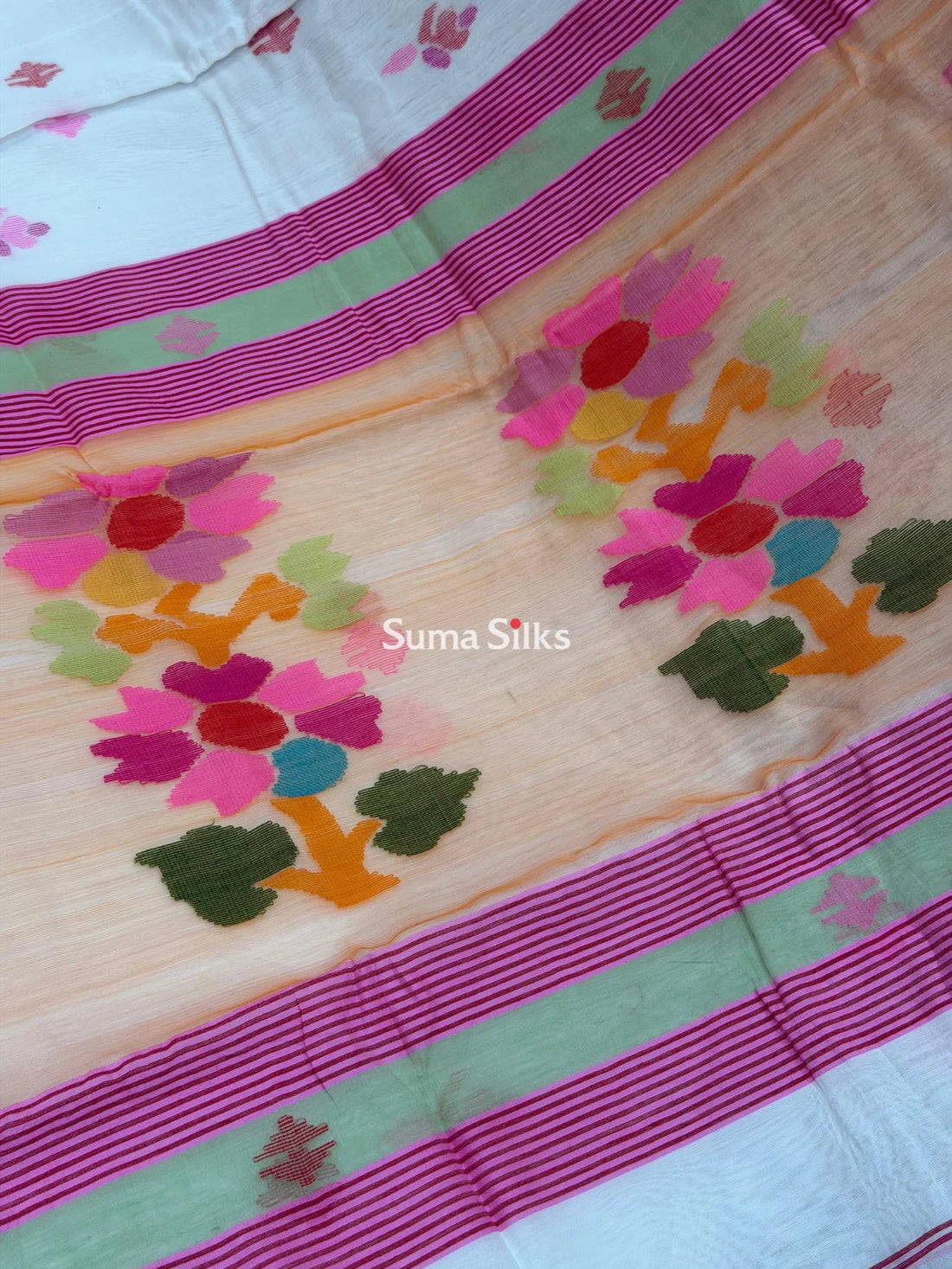 Muslin Jamdani Sun Flower White Red Butti
