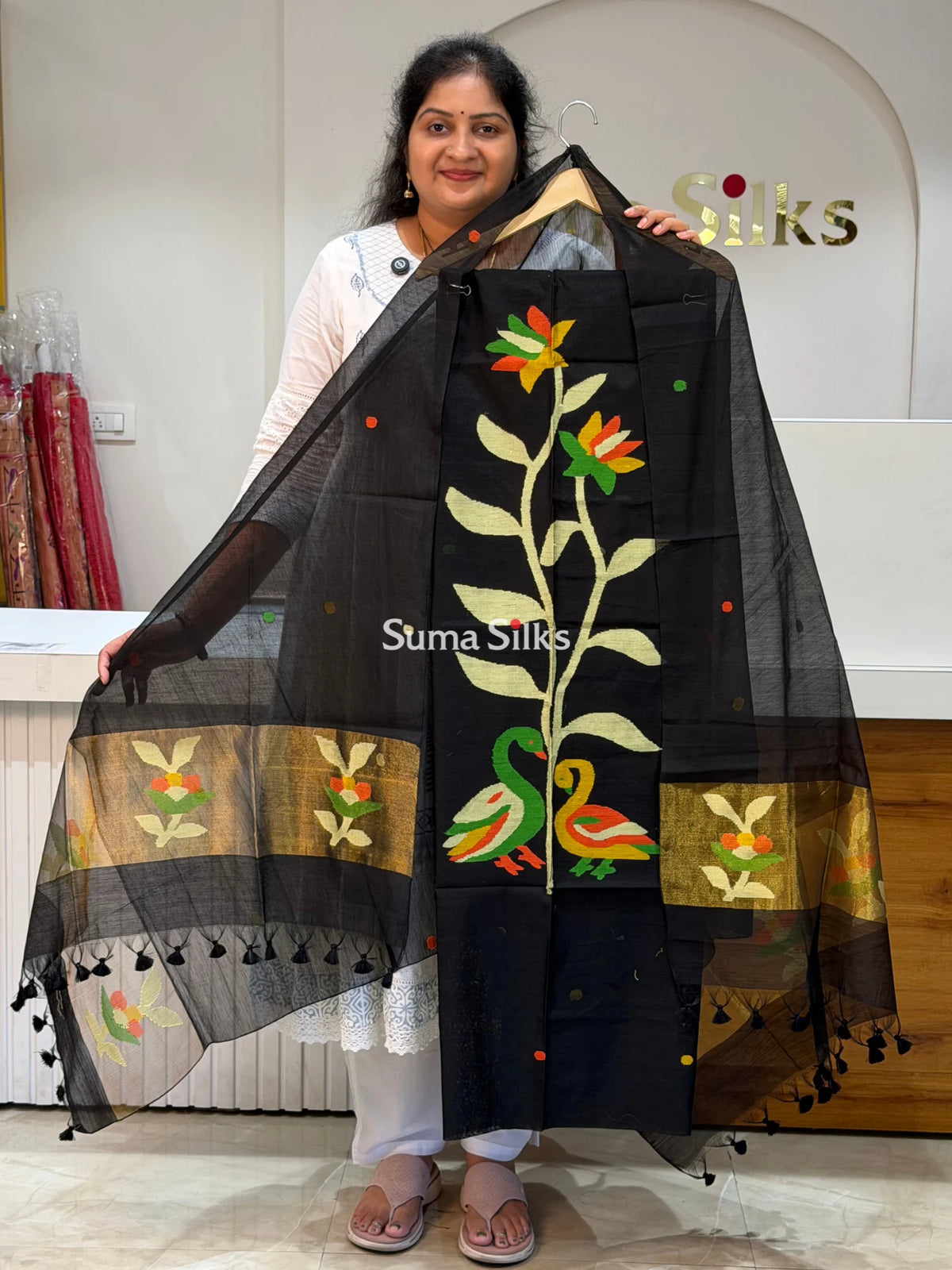 Muslin Jamdani Swan Design Black Color