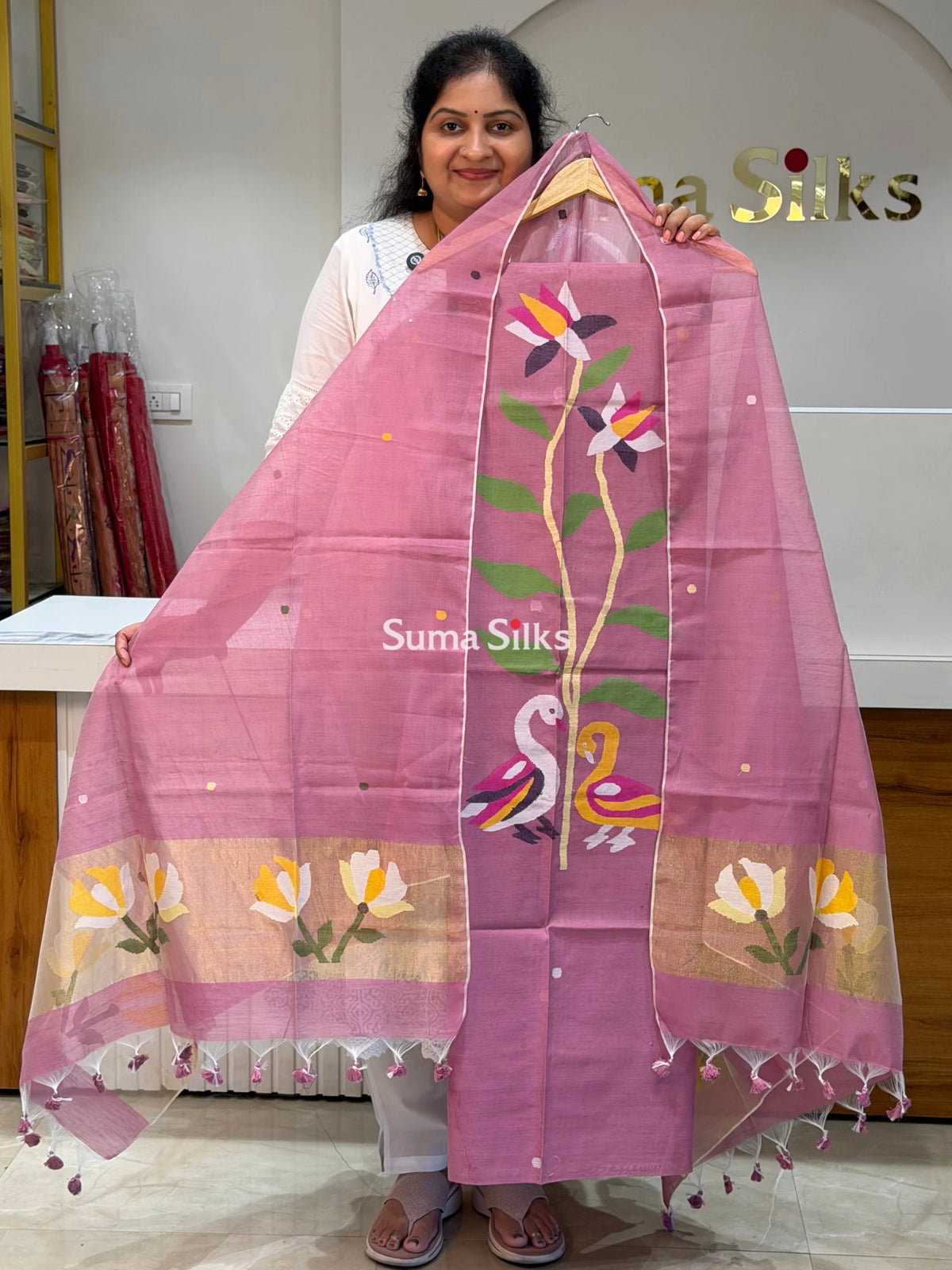Muslin Jamdani Swan Design Onion Pink Color