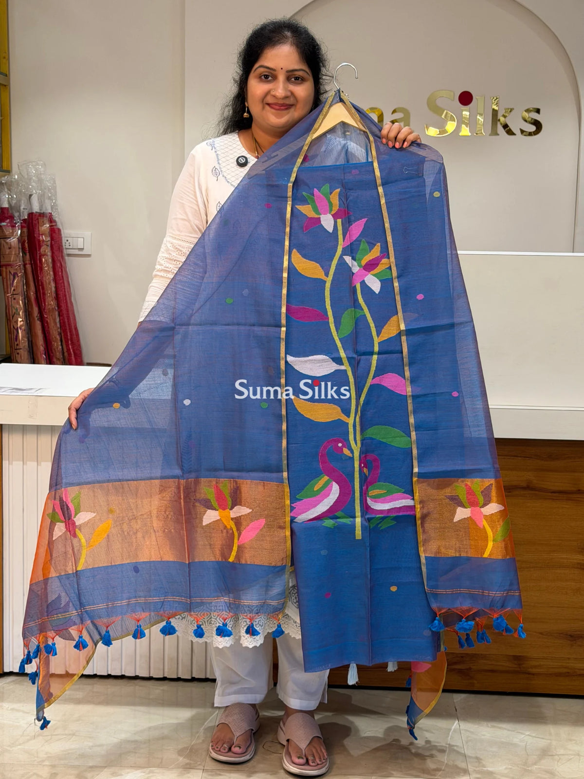 Muslin Jamdani Swan Design Peacock Blue Color