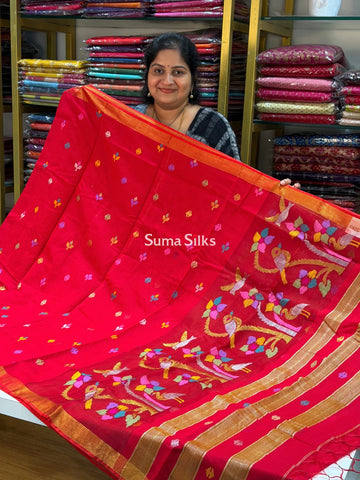 Muslin Jamdani Tree Birds Design Red
