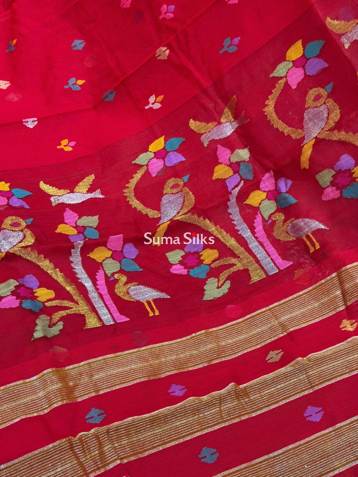 Muslin Jamdani Tree Birds Design Red