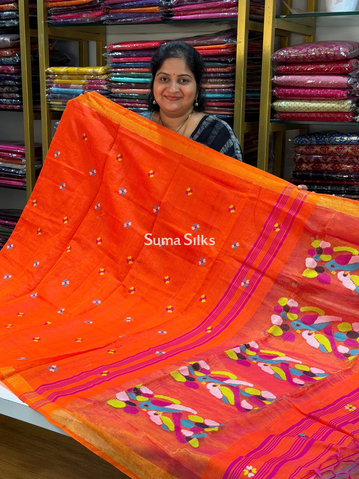 Muslin Jamdani Two Birds Orange
