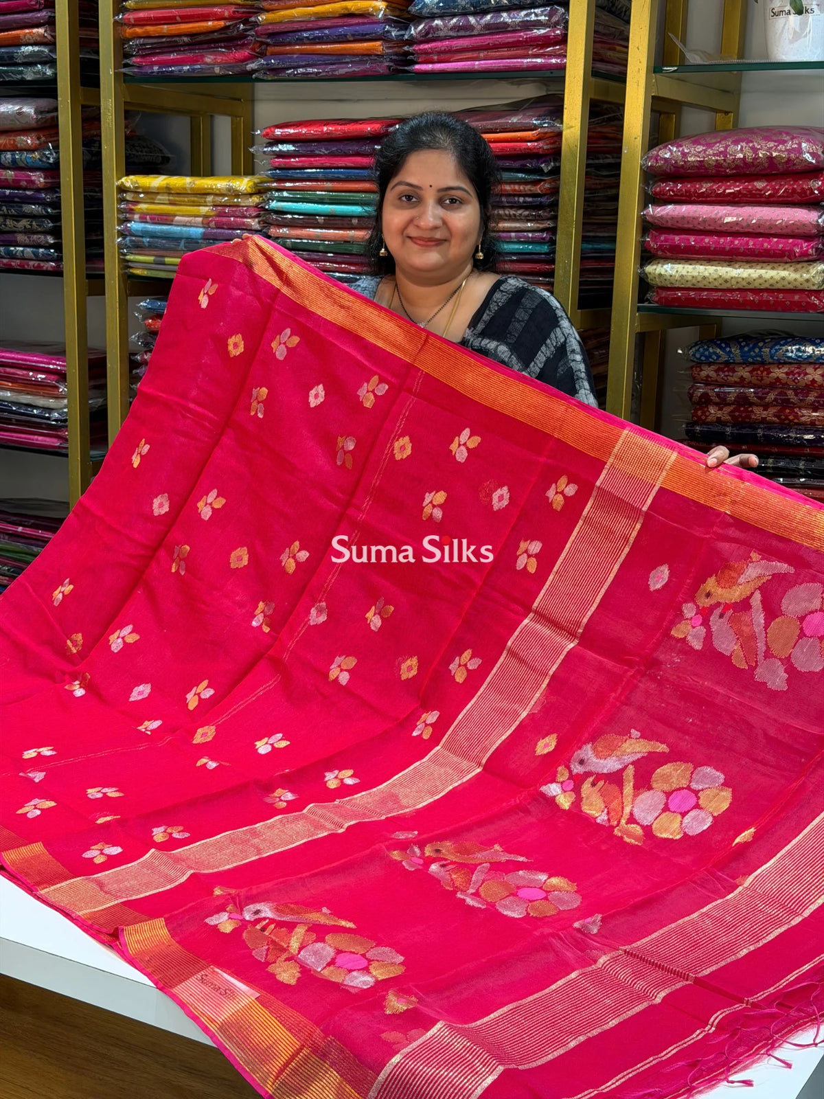 Muslin Jamdani Two Birds Reddish Pink