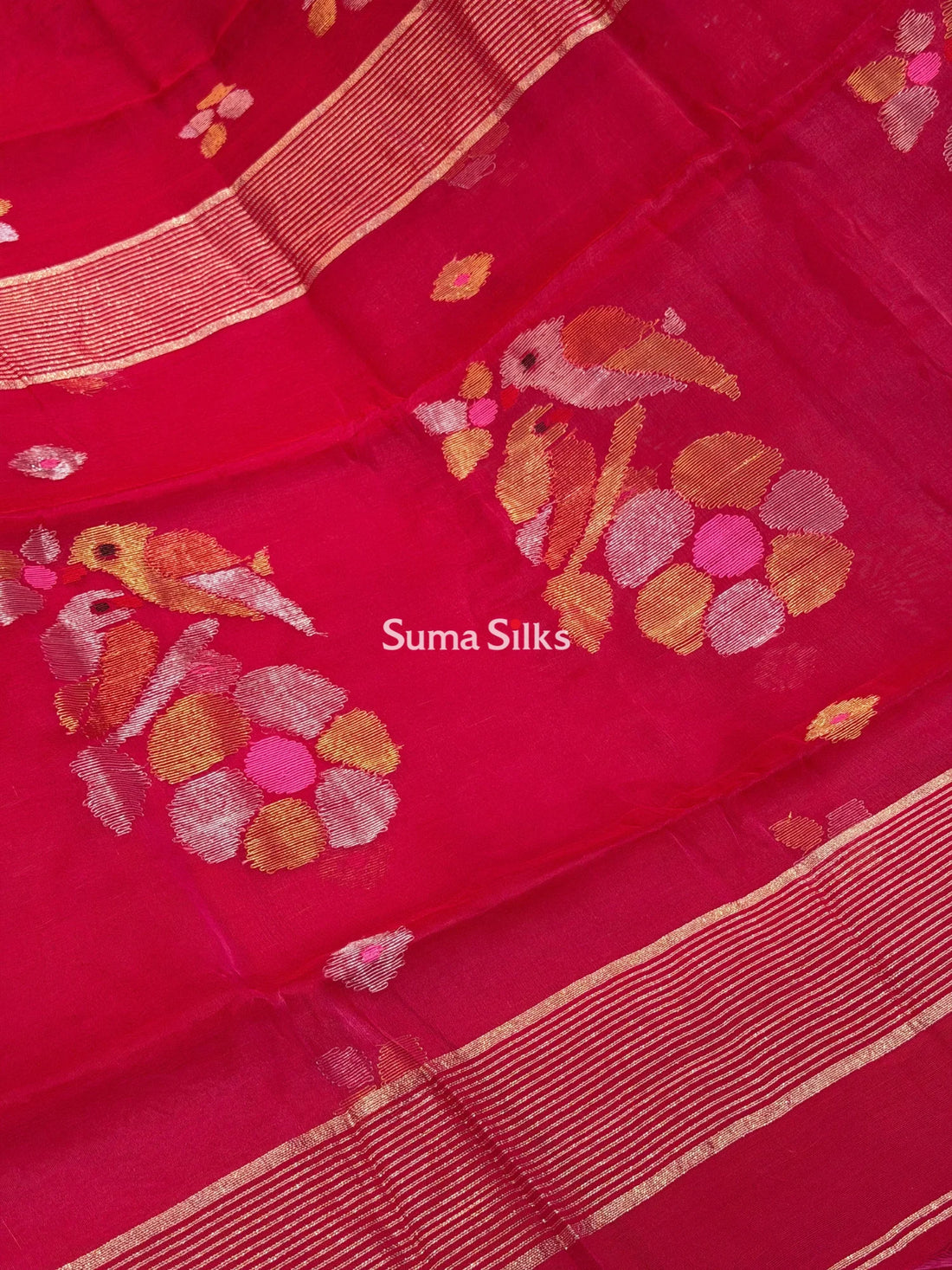 Muslin Jamdani Two Birds Reddish Pink