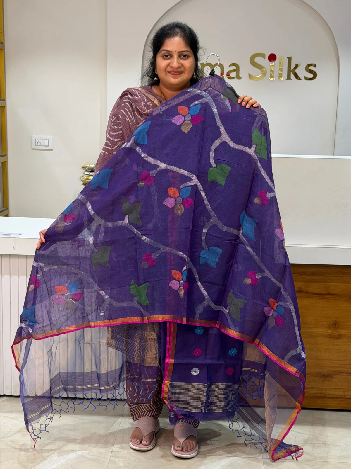 Muslin Jamdani Allover Floral Dupatta Ink Blue