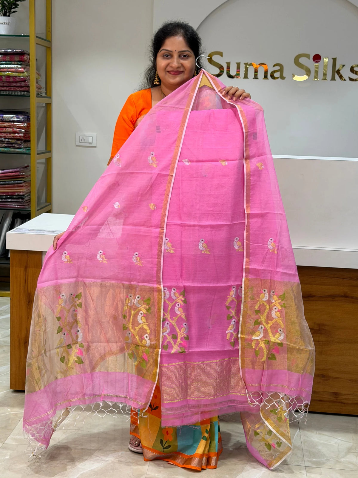 Muslin Jamdani Daman Stem Birds Pink