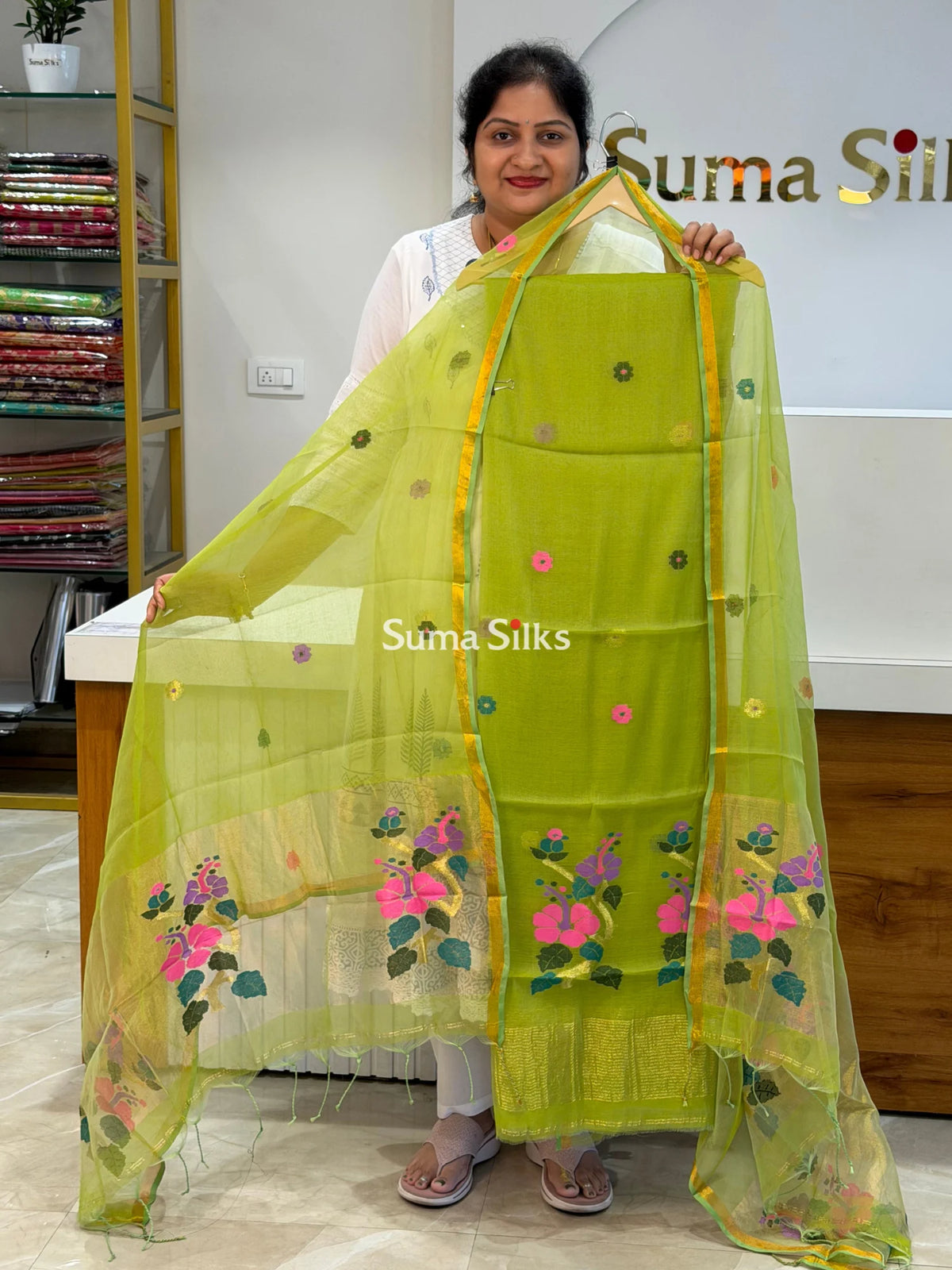 Muslin Jamdani Hibiscus Design Green