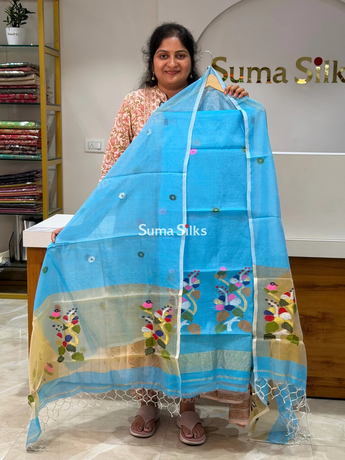 Muslin Jamdani Hibiscus Design Sky Blue Color