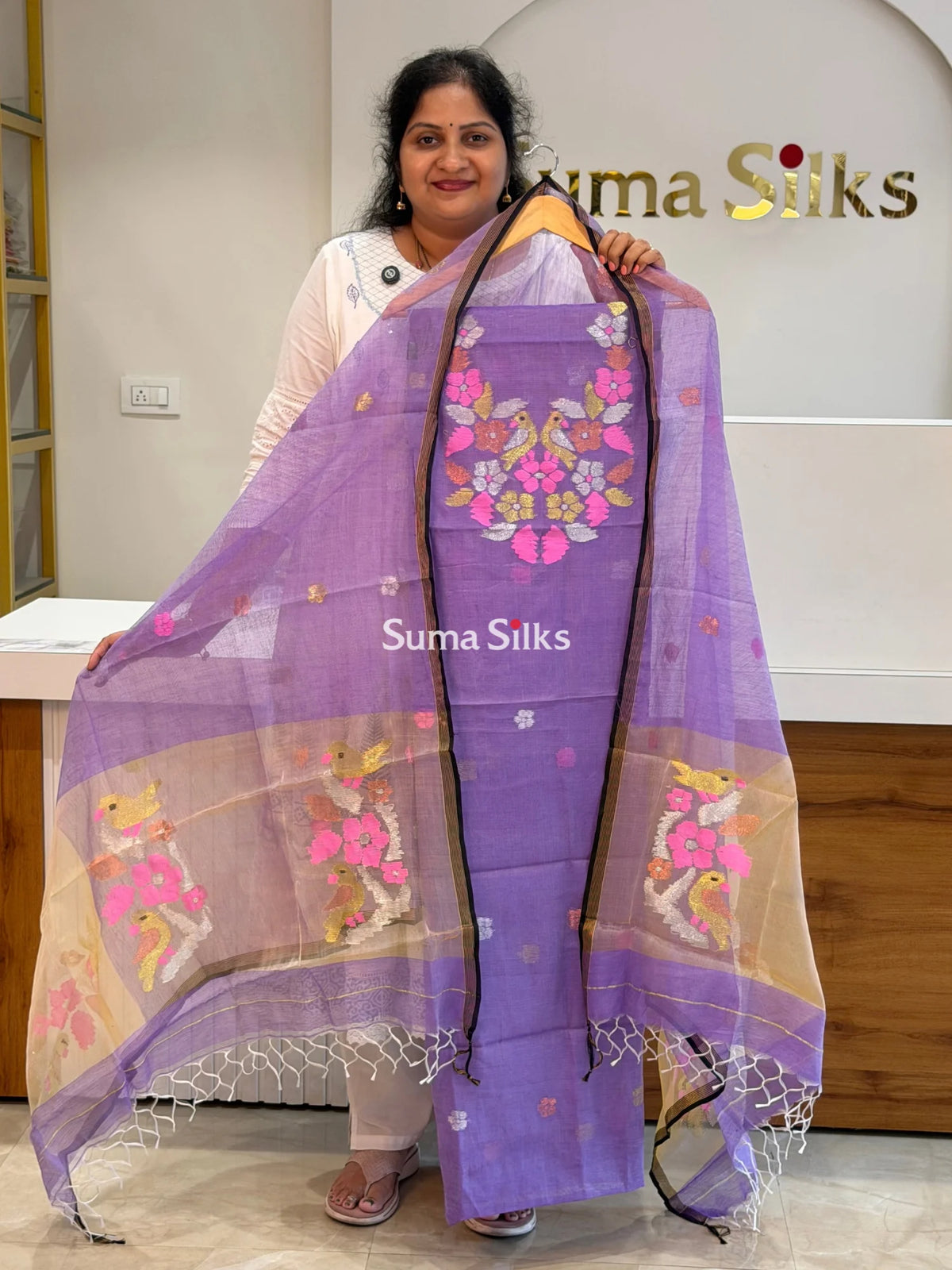 Muslin Jamdani Neck Flowers Birds Lavender