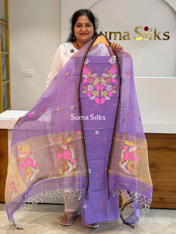 Muslin Jamdani Neck Flowers Birds Lavender