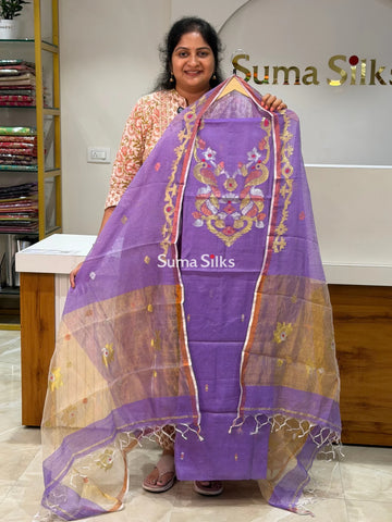 Muslin Jamdani Neck Peacock Pattern Lavender Color