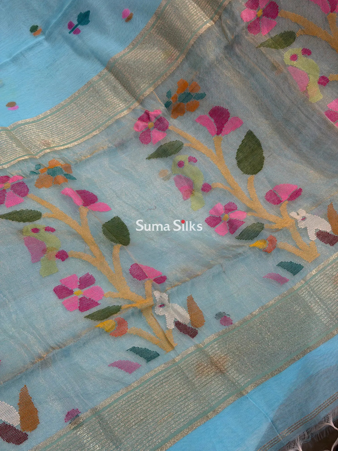 Muslin Jamdani Rabbit Tree Bird Sky Blue