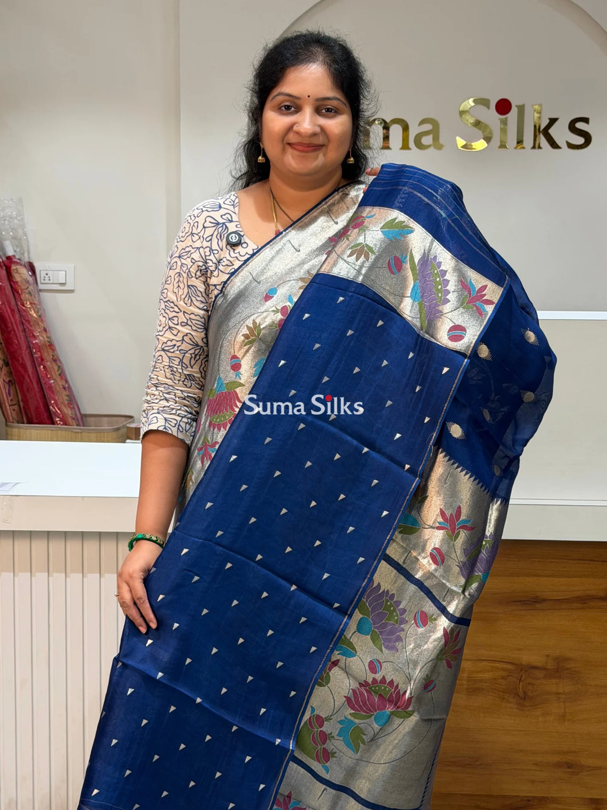 Organza Big Border Paithani Navy Color