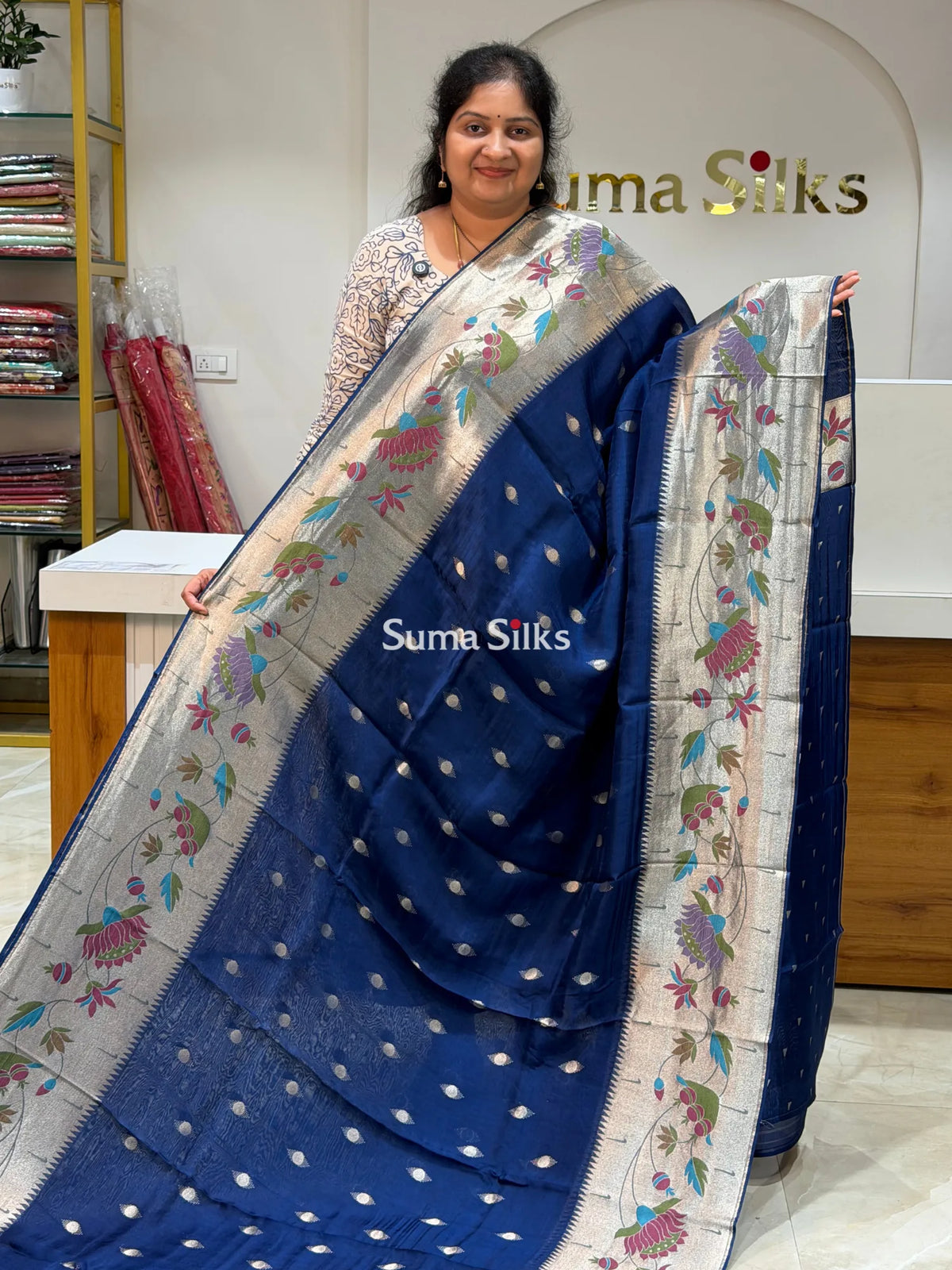 Organza Big Border Paithani Navy Color