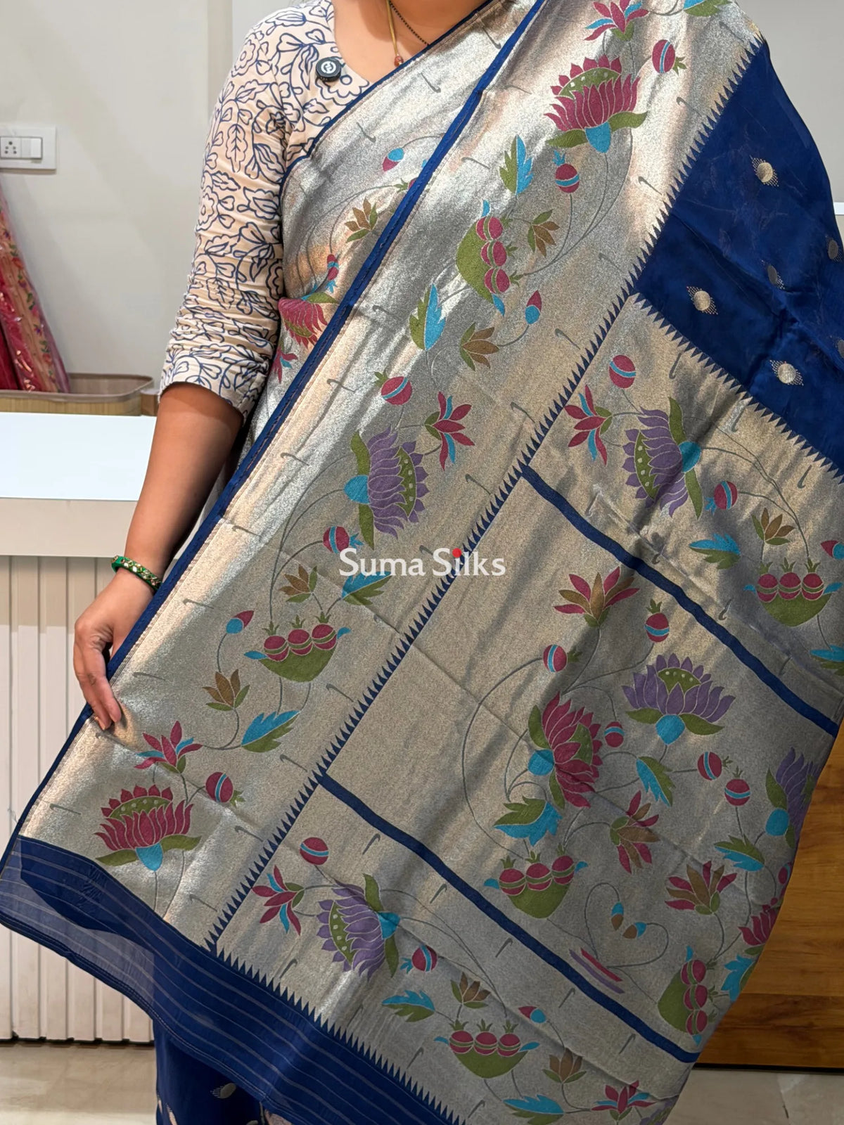 Organza Big Border Paithani Navy Color