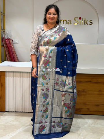 Organza Big Border Paithani Navy Color