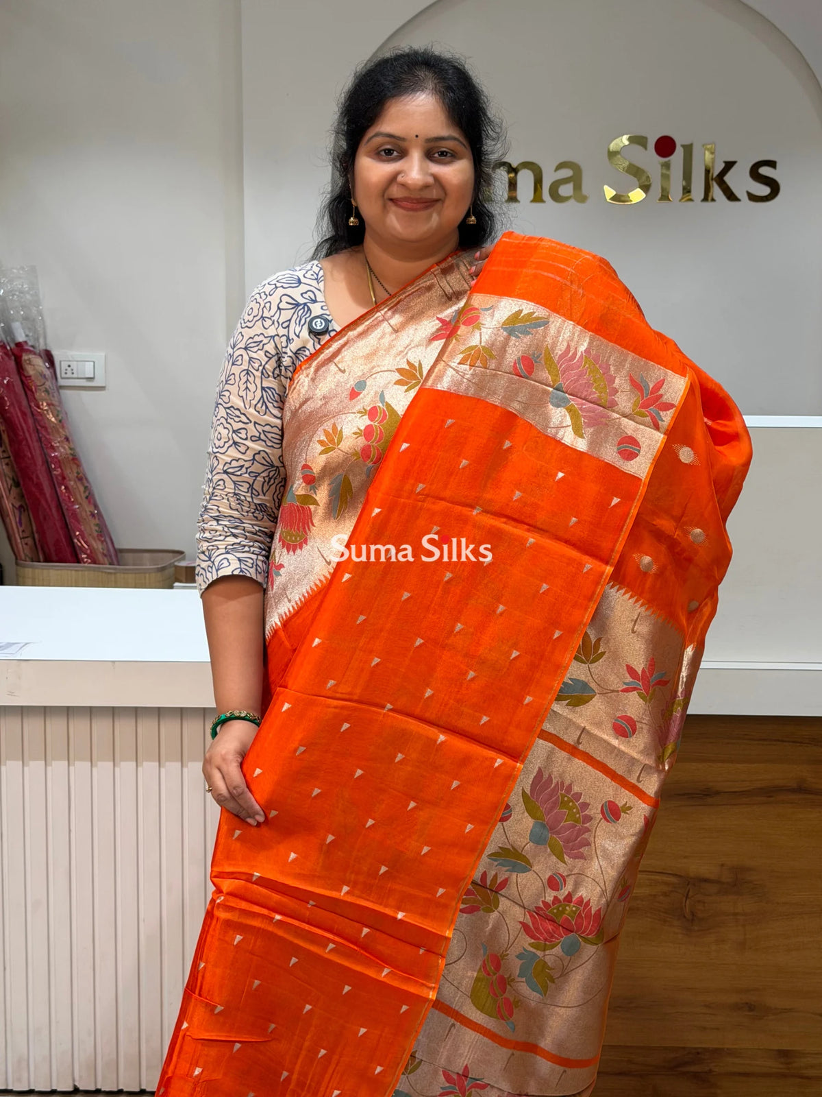 Organza Big Border Paithani Orange Color